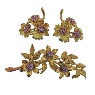 Italian 18k Gold Ruby Sapphire Earrings Brooch Set