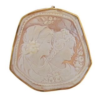 18K Gold Shell Cameo Large Brooch Pendant