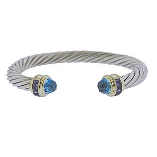 David Yurman Silver 14k Gold Topaz Iolite Cable Cuff Bracelet