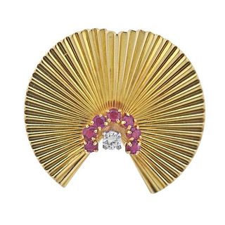 Tiffany &amp; Co Retro 18K Gold Diamond Ruby Brooch Pin