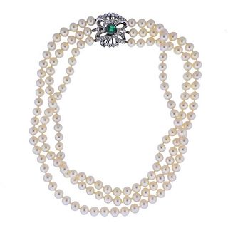 Mid Century 18K Gold Diamond Emerald Pearl Necklace