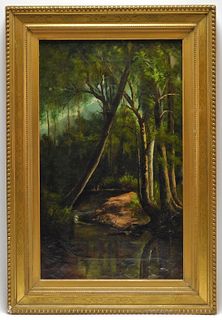 19C Illuminated Forest Landscape Painting