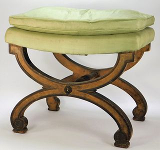 French Carved Wood Padded Foot Stool