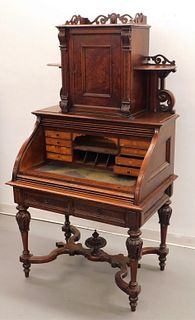 19C Victorian Carved Wood Roll Top Desk