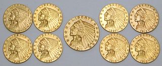 9PC United States 2.5 Dollar Gold Coin Group