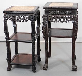 2PC Chinese Carved Wood & Rouge Marble Stands