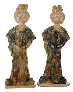 Pair Tang Style Glazed Pottery Figures