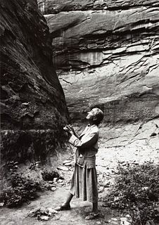 Todd Webb
(American, 1905-2000)
A group of five photographs (O'Keeffe in the Canyon Under the Lake, 1964 (printed 1985); O'Keeffe Standing in Cavern, 