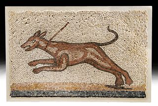 Late Roman Stone Tesserae Mosaic w/ Lunging Dog