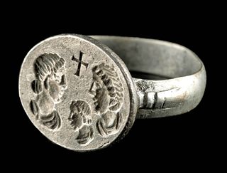 4th C. Early Byzantine Silver Ring w/ Family & Cross
