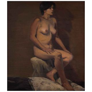 DANIEL LEZAMA, Claudia con almohada, Signed and dated 2001 on back, Oil on wood, 18.1 x 15.7" (46 x 40 cm)