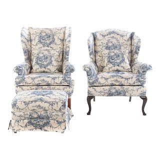 Two Chippendale Style Upholstered Chairs & Ottoman