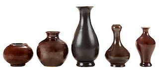 Four Rust-Glaze Vases and a Brush
