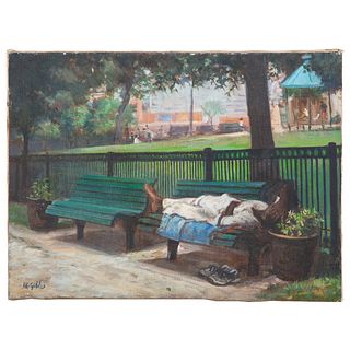 Nathaniel K. Gibbs. Relaxation on Park Bench, oil