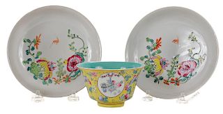 Famille Rose Porcelain Bowl and Two