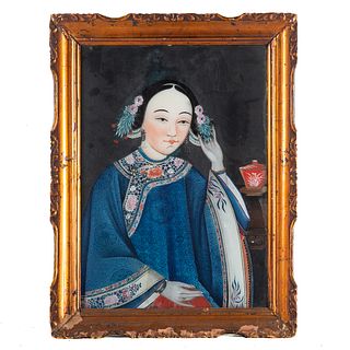 Chinese Export Reverse Painted Maiden Portrait