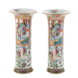 Pair Chinese Export Rose Mandarin Trumpet Vases