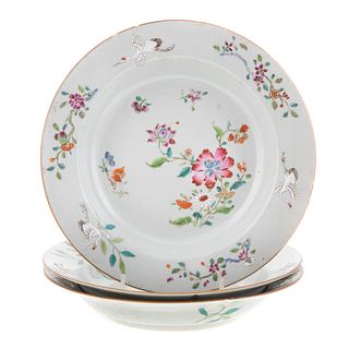 Three Chinese Export Famille Rose Soup Plates