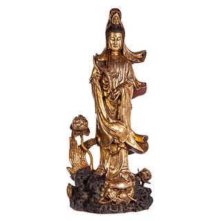 Large Chinese Carved & Gilded Wood Quan yin