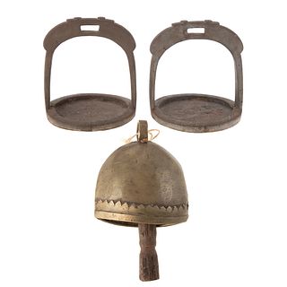 A Pair Mongolian Stirrups & Brass Bell