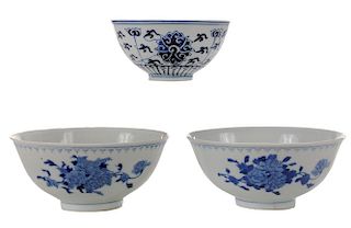 Three Blue and White Porcelain Bowls