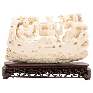 EASTERN LADIES CHINA, 20TH CENTURY Ivory carving with sgraffito and inked motifs; 8 x 4.7" (20.5 x 12 cm)