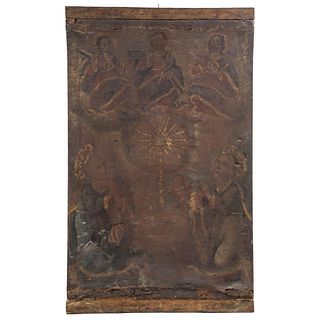 ALEGORÍA DE LA EUCARISTÍA CON TRINIDAD ANTROPOMORFA, SAN PEDRO Y SAN PABLO. MEXICO, 18TH CENTURY. 36.2 x 22" (92 x 56 cm)