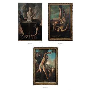 ANTONIO DE TORRES (MEXICO, 1666-1754) MARTIROLOGIO (SANTOS BARTOLOMÉ, JUAN, PEDRO Y SIMÓN) Oil on canvas, 62.9 x 38.1" (160 x 97 cm)