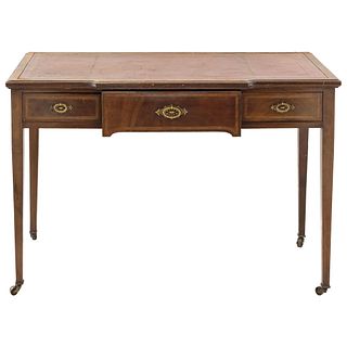 DESK FRANCE, 19TH CENTURY Veneered wood with gold metal applications and leather cover. 29.9 x 47.6 x 23.6" (76 x 121 x 60 cm)