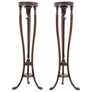 PAIR OF PEDESTALS EARLY 20TH CENTURY Carved in wood. With circular covers and turned supports. 50.7 x 12.2" (129 x 31 cm)