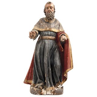 ST JOACHIM MEXICO, 19TH CENTURY Gilded and polychrome wood carving Conservation details. 36.2 x 14.9" (92 x 38 cm)