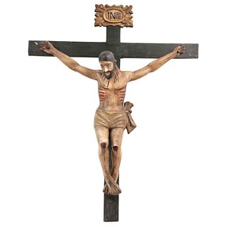 CRUCIFIED CHRIST MEXICO, 19TH CENTURY Polychrome wood carving. Conservation details. 40.1 x 31.4" (102 x 80 cm)