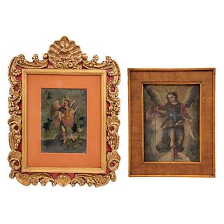SAN RAFAEL ARCÁNGEL MEXICO, LATE 18TH CENTURY Oil. Pieces: 2 Image 1: 13.7 x 9.6" (35 x 24.5 cm) Image 2: 7.8 x 8.2" (20 x 21 cm)