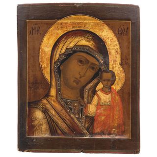 ICON VIRGIN OF KAZAN RUSSIA, Ca. 1900 Oil on wood Conservation details, cracks and detachments 12.2 x 10.2" (31 x 26 cm)