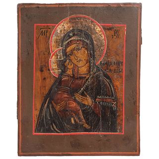 ICON VIRGIN OF VLADIMIR RUSSIA, Ca. 1900 Oil on wood Conservation details, cracks and detachments 13.5 x 11" (34.5 x 28 cm)