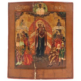 ICON OUR LADY OF REFUGE RUSSIA, 19TH CENTURY Oil on wood Conservation details, 13.9 x 12.2" (35.5 x 31 cm)