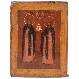 ICON SAINTS ZOSIMUS AND SABAZIUS, RUSSIA, Ca. 1900 Oil on wood Conservation details, 12.4 x 9.6" (31.5 x 24.5 cm)