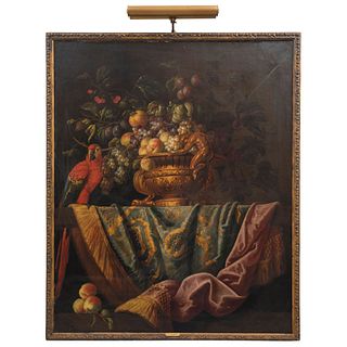 NATURALEZA MUERTA CON GUACAMAYA BELGIUM EARLY 18TH CENTURY Oil on canvas 46.8 x 38.1" (119 x 97 cm)