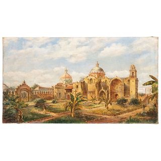 VISTA DE LA CAPILLA DE LA TERCERA ORDEN, TEMPLO DE SAN FRANCISCO, CUERNAVACA Ca. 1900 Signed: Albert Oil on canvas 19.6 x 35.4" (50 x 90 cm)