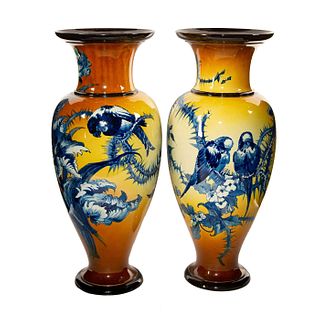 Large, Rare Pair Doulton Lambeth Faience Vases, Birds