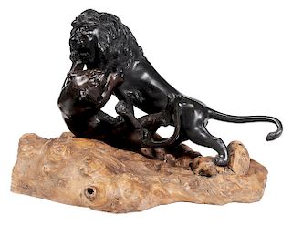 Meiji Period Bronze Lion Fighting a