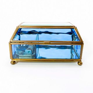 Unmarked Blue Glass Music Box, Etched Floral