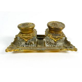 Miniature Glass Dresser Jars, Bronze Tray