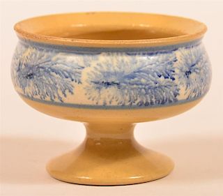Yellowware Pottery Footed Master Salt with Blue Mocha Seaweed Decoration.