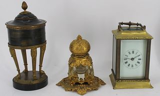 Antique Carriage Clock, Bronze Inkwell & A Tole