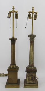 2 Antique & Large Bronze Column Form Lamps.