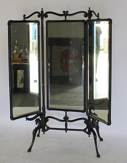 Antique Patinated Iron Triptych Cheval Mirror.