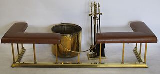 Vintage Fireplace Fender Tools And Brass Bucket.