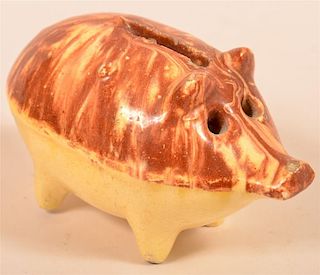 Brown Mottle Glazed Earthenware Pig Still Bank.