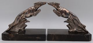 Pair of Signed Art Deco Bronze Bookends of Foxes.